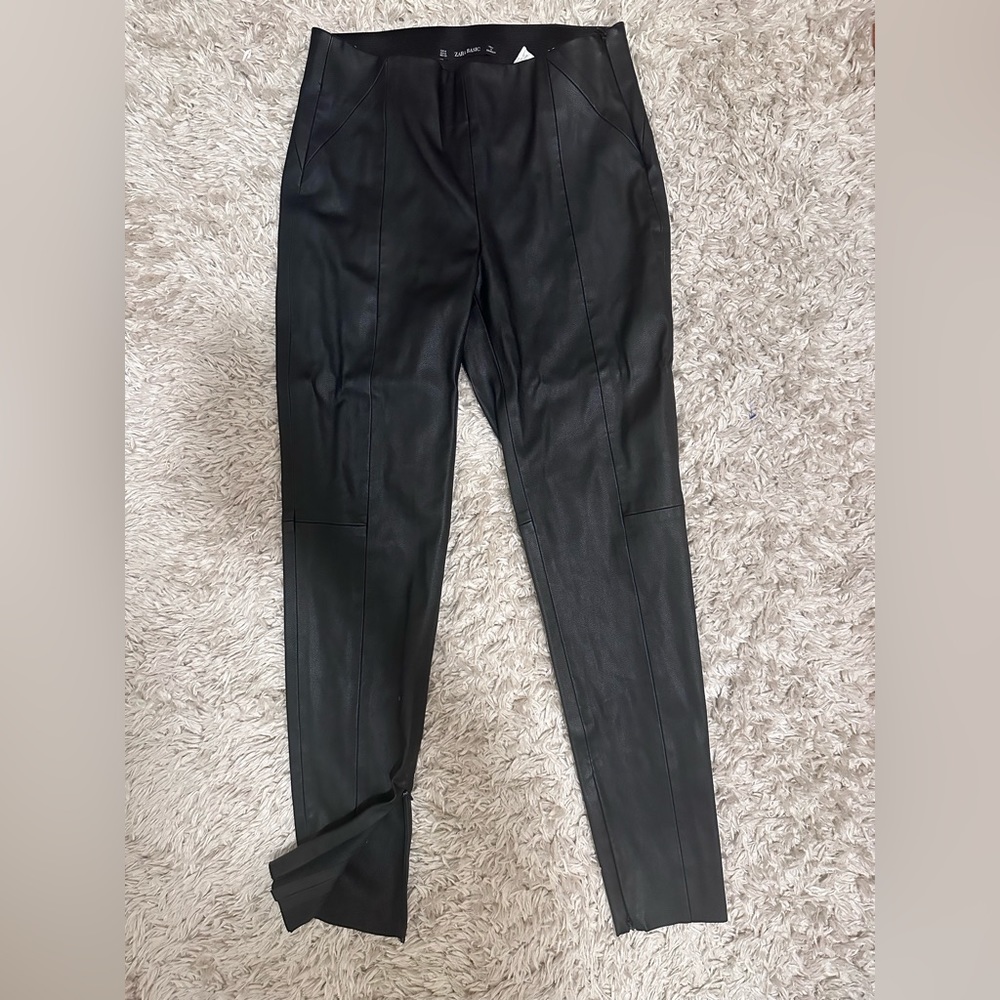 Zara Basic Faux Leather black pants with zip ankle